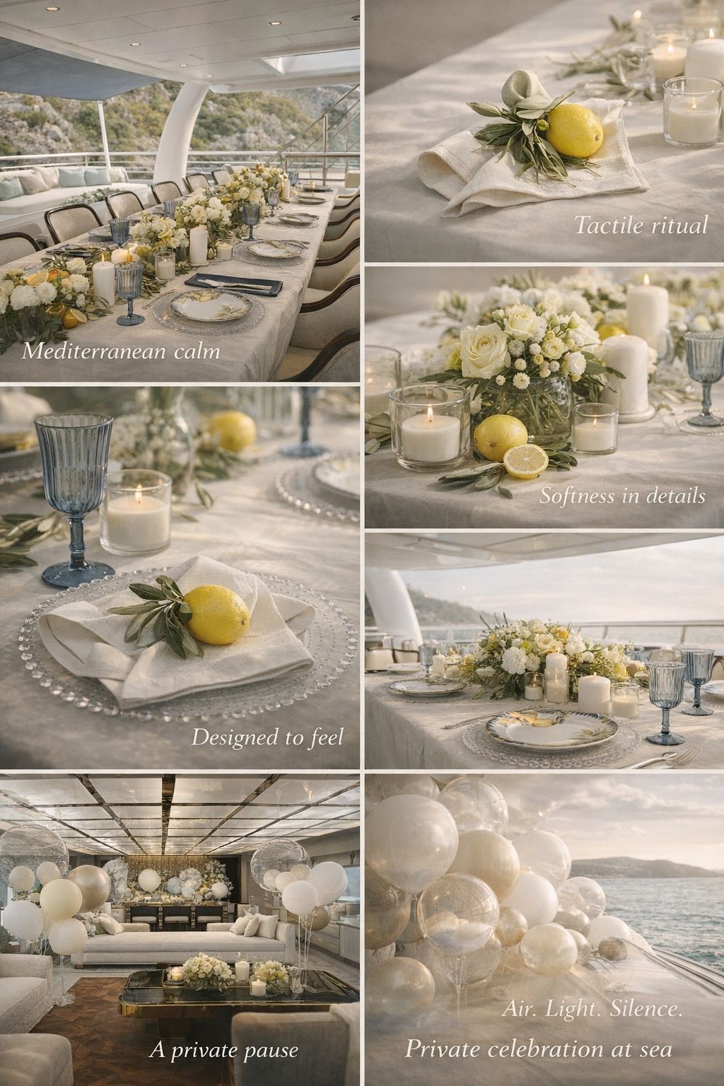 Luxury yacht table decoration with flowers and candles in Bodrum