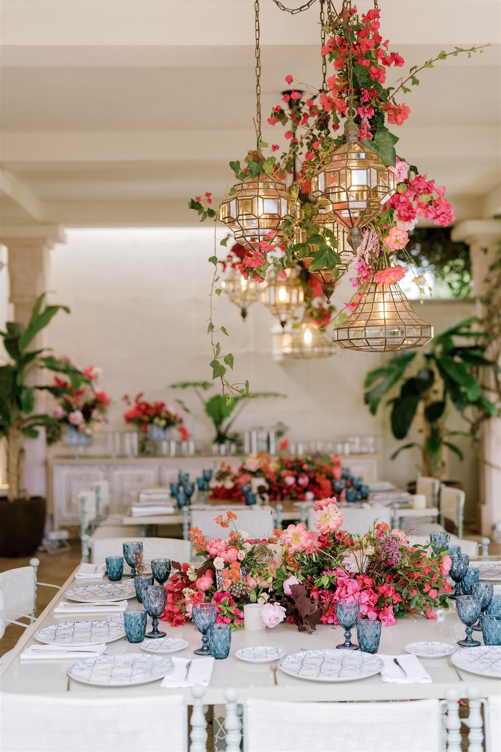 Outdoor dining area at Villa El Rincon in Marbella, with beautiful decorations for a Mediterranean destination wedding.