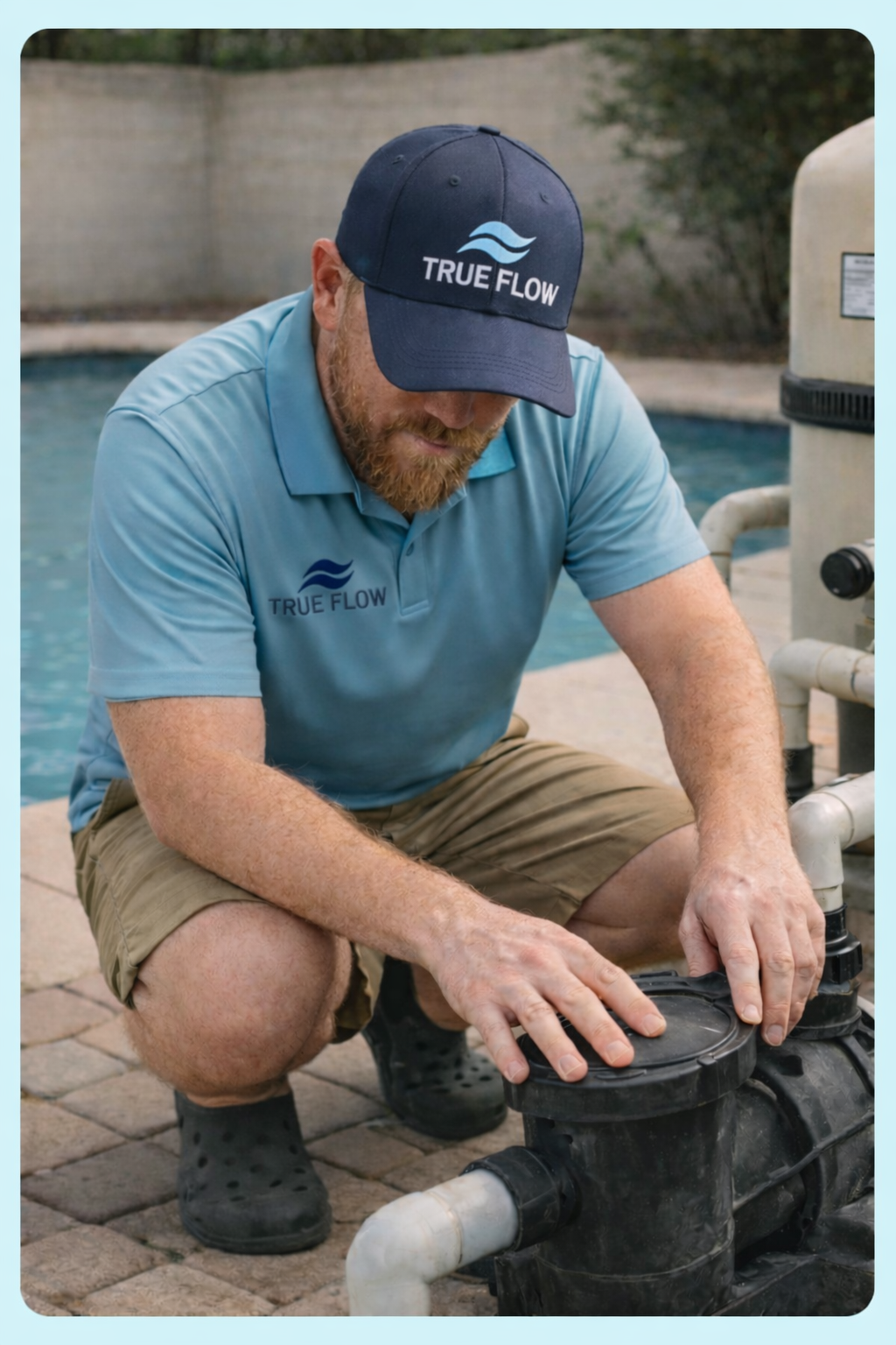 True Flow Pool technician inspecting pool equipment