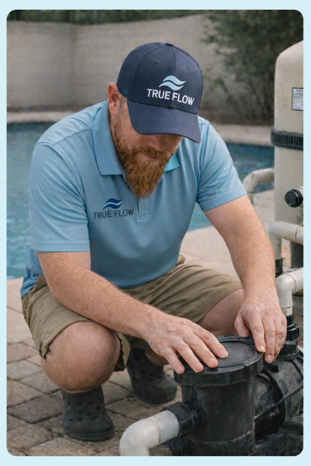 True Flow technician performing pool equipment repair in Georgetown, Texas.