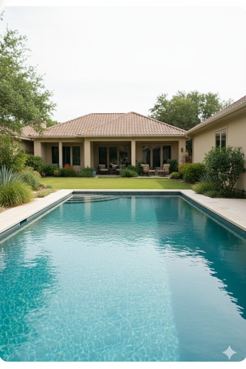A crystal clear Round Rock backyard pool after weekly cleaning service.