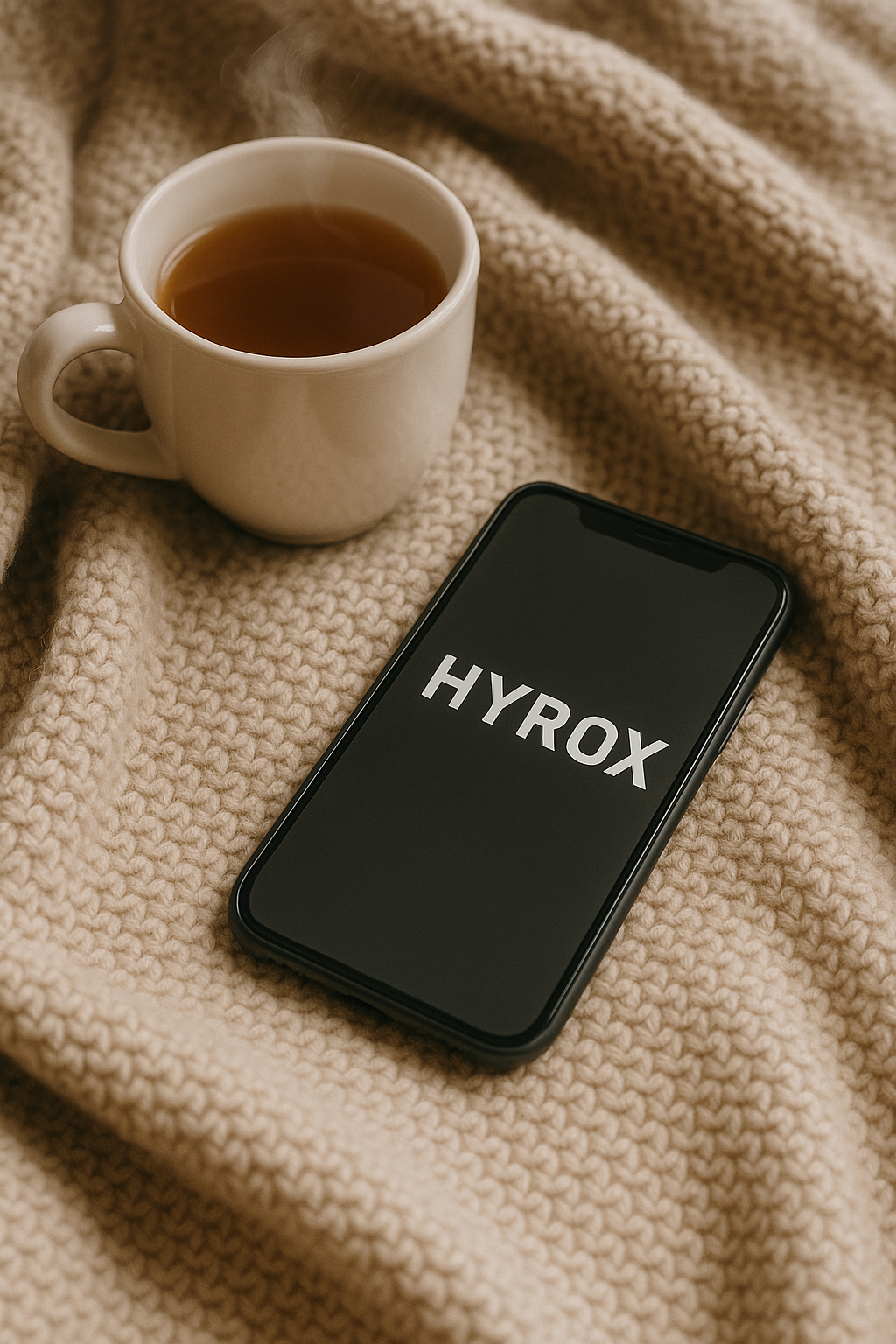 A cozy blanket, a steaming cup of tea, and a phone with message "HYROX" on the screen