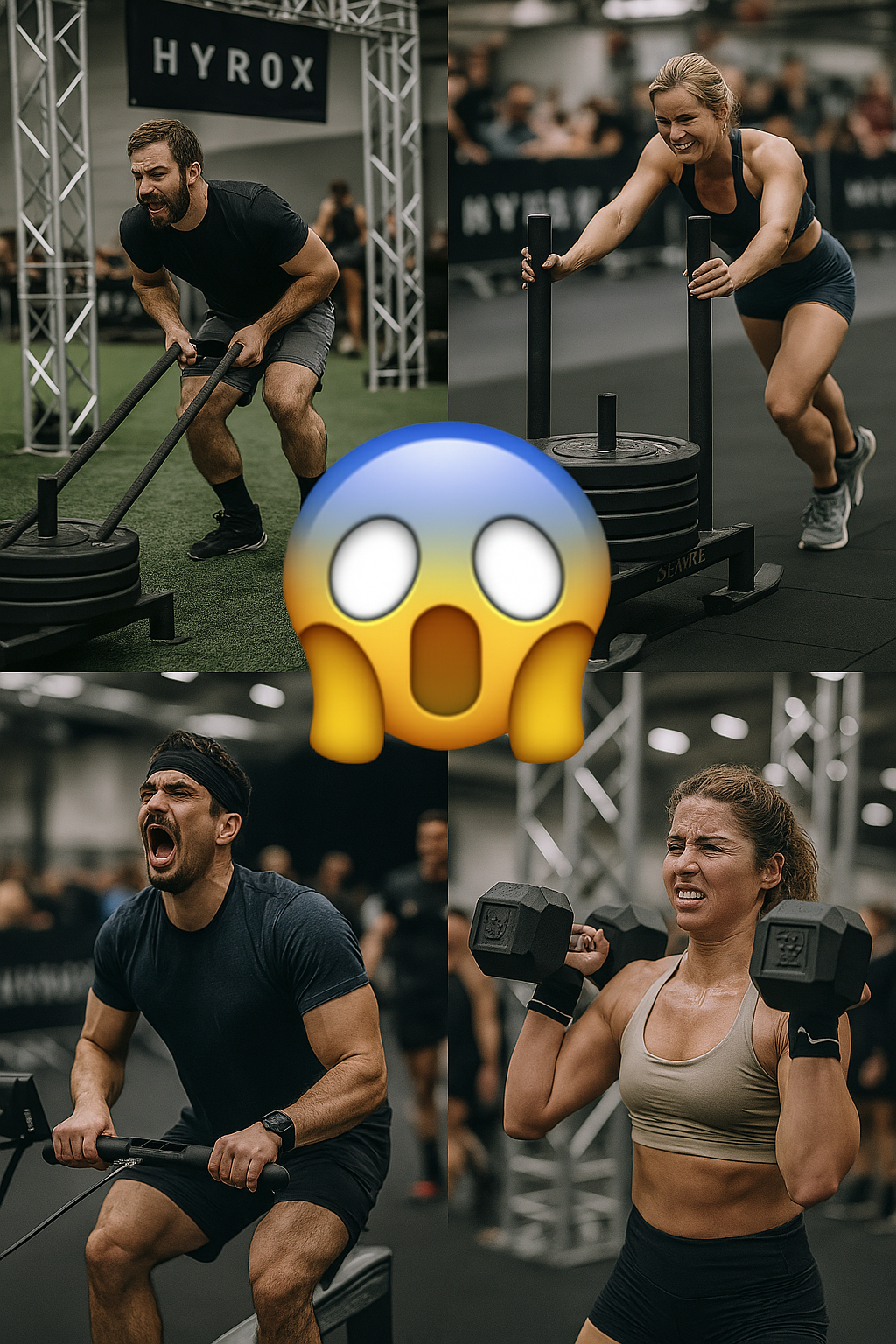 collage of brutal Hyrox exercises with shocked face emoji
