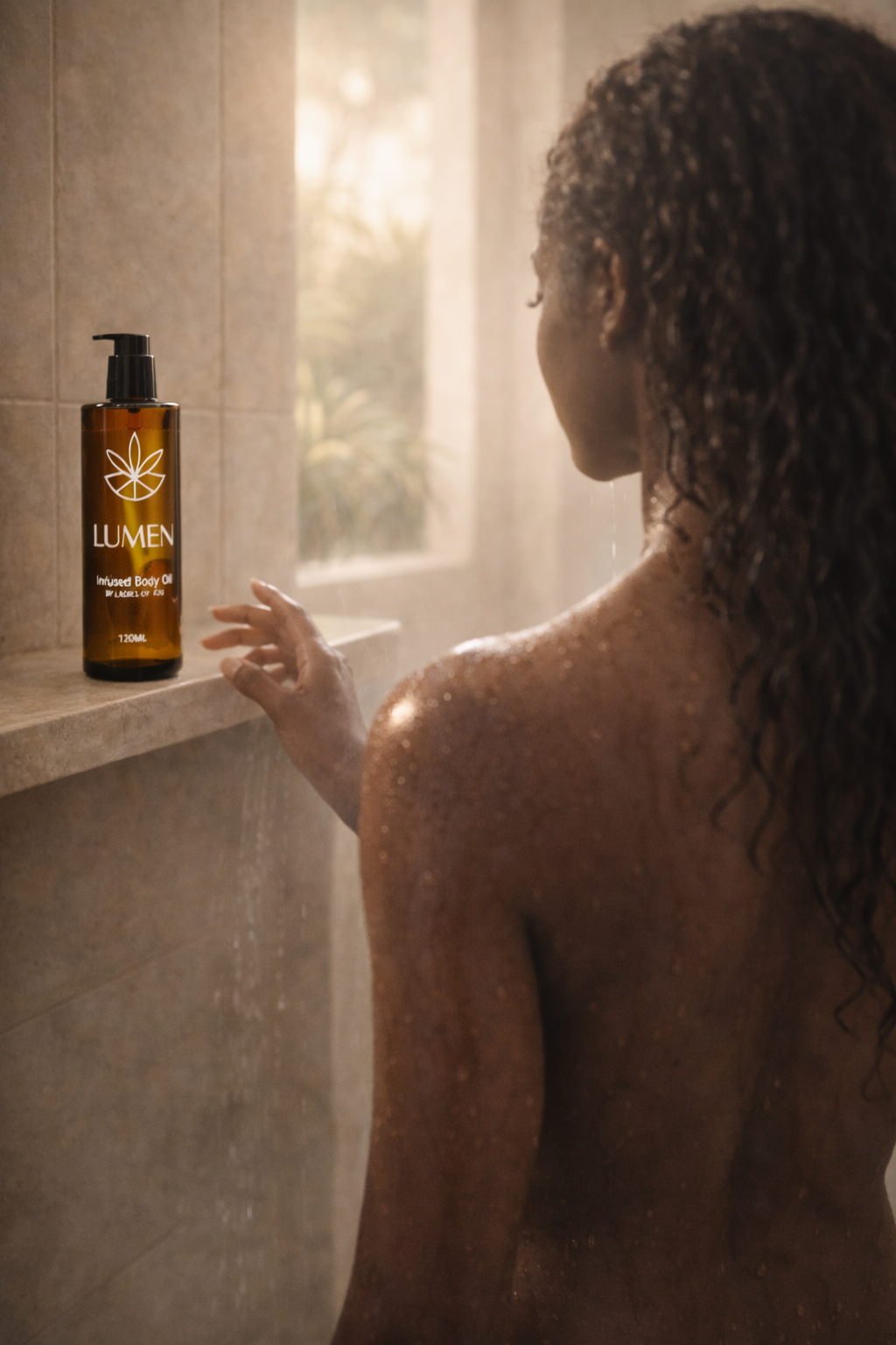 A woman reaches for LUMEN infused body oil on a shower shelf for luxury skincare and hydration.