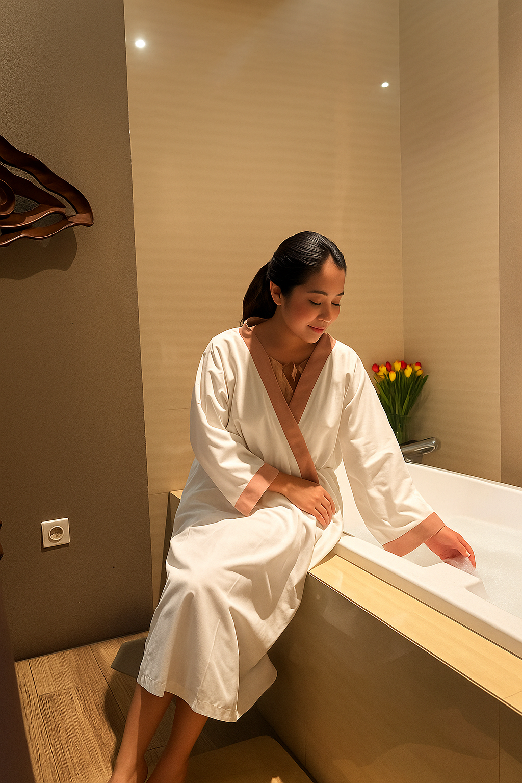 a girl playing with bathtub in spa