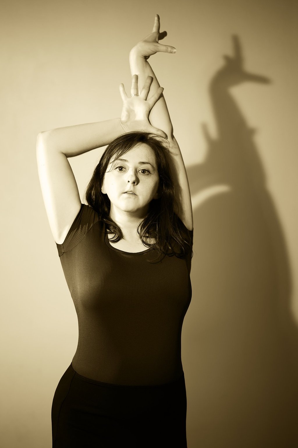 a woman in a dress and a shadow in the background with sepia style