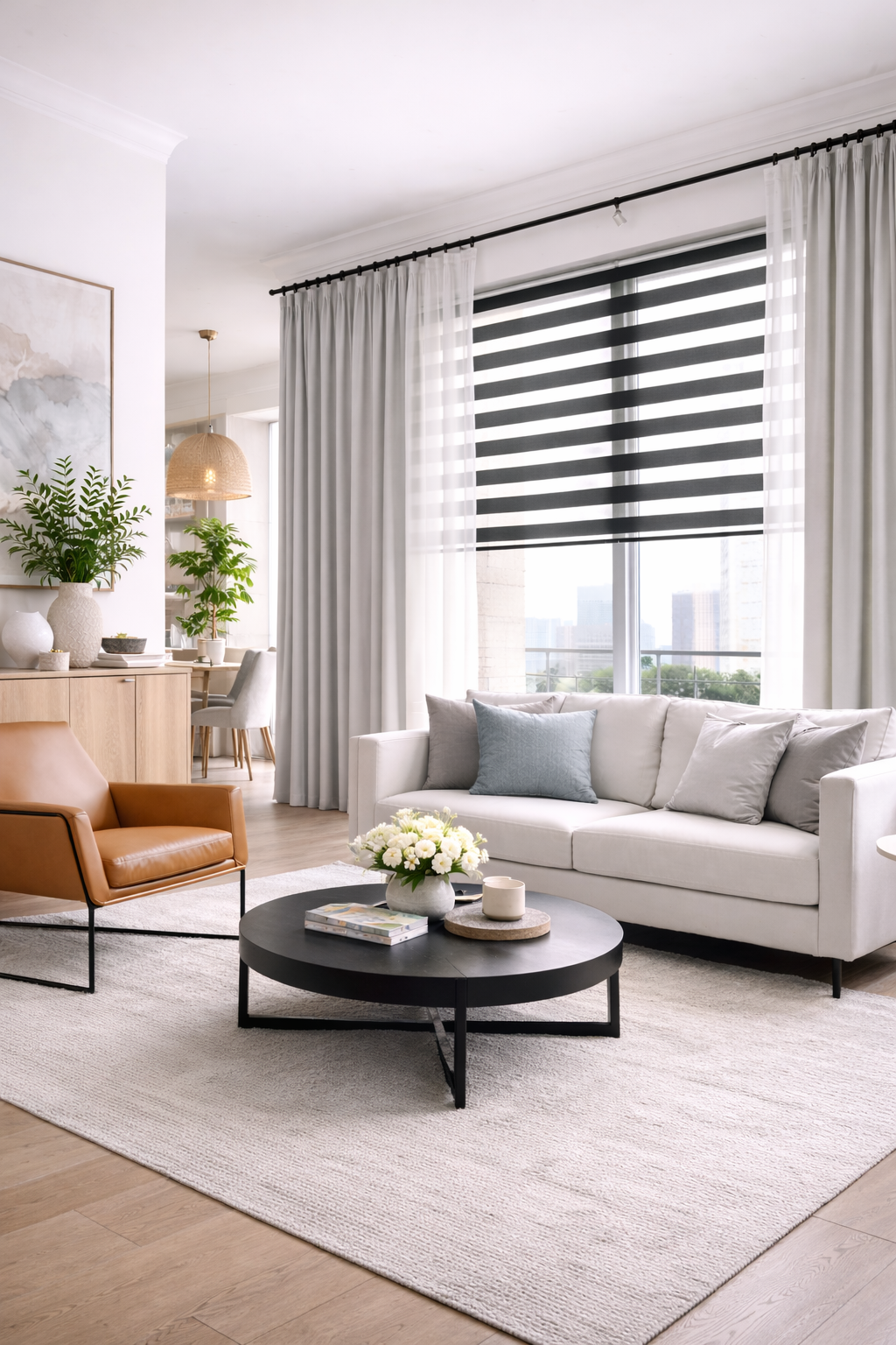 Modern living room with black and white zebra shades, minimalist furniture, and natural light