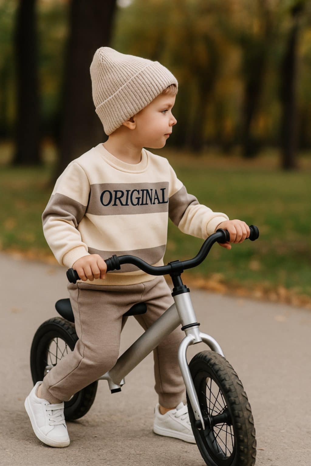 vaikas apsirengęs laisvalaikio kostiumėliu važiuoja dviračiu