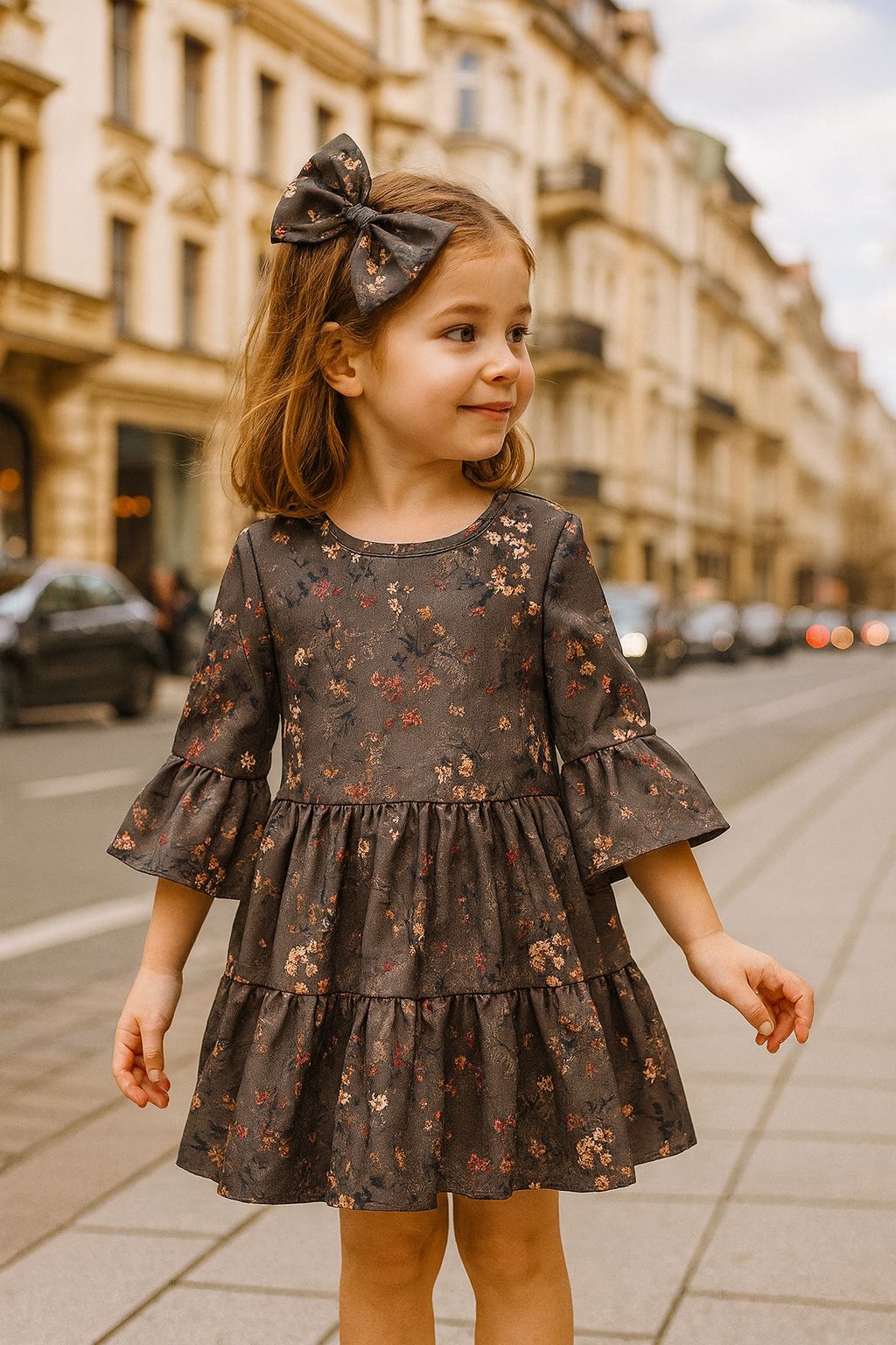 mergaitė su gelėta suknele