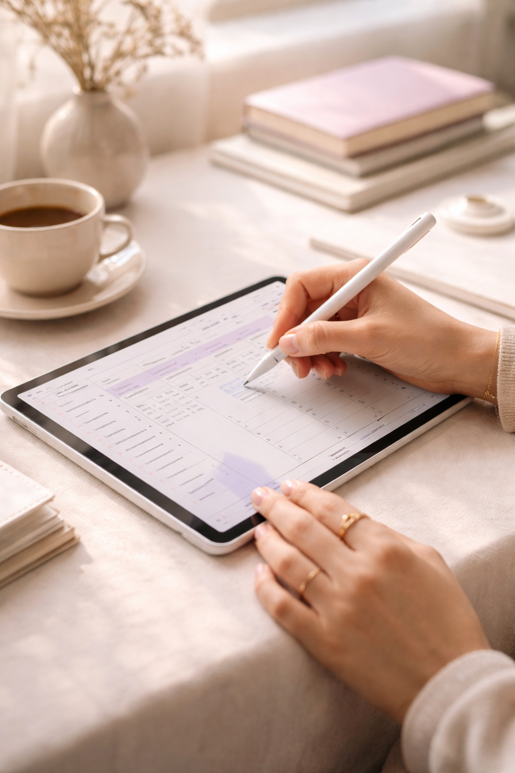 Mains créant un produit digital sur tablette, comme un planner ou un template.
