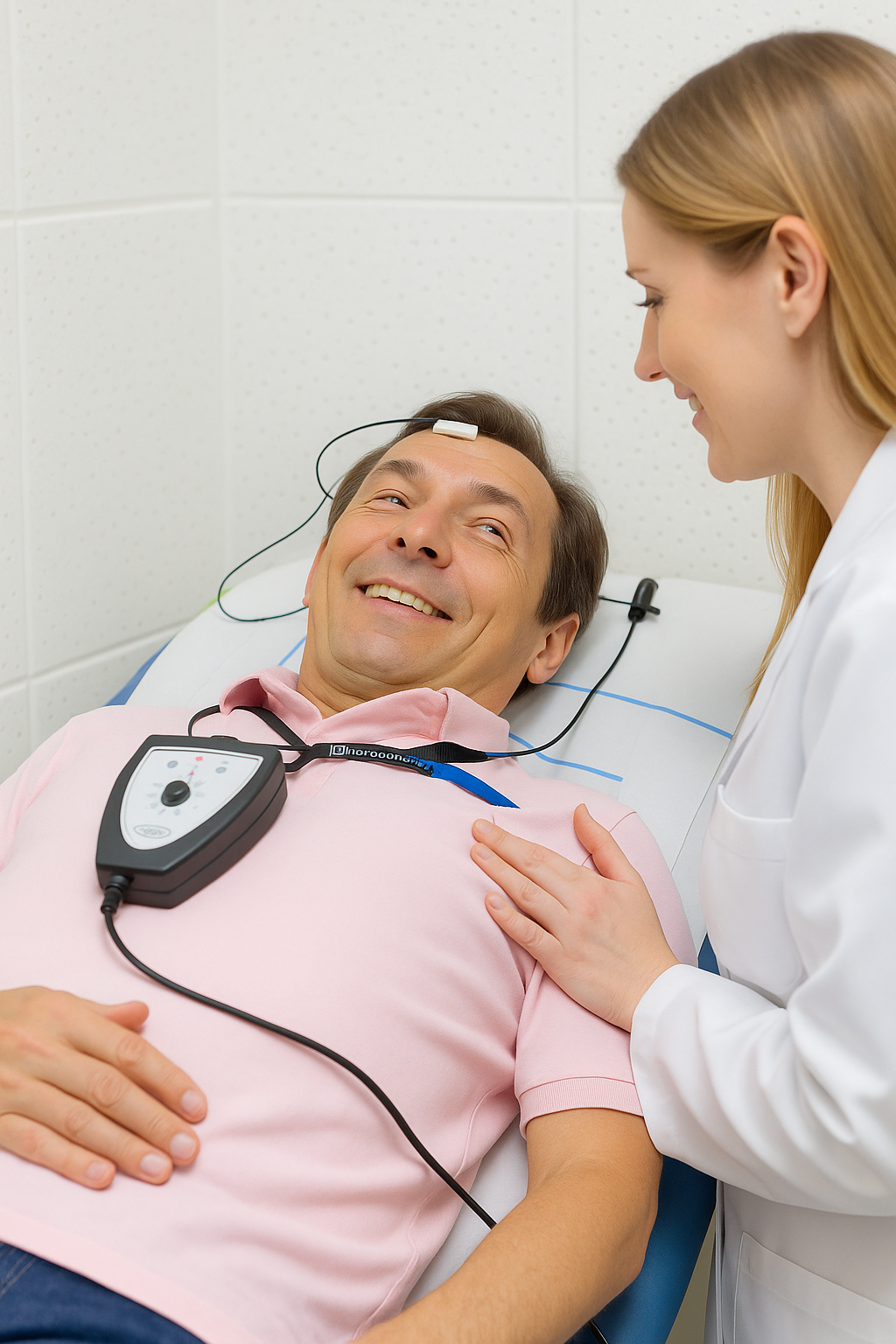 Senhor sorrindo fazendo o exame Eletrococleografia