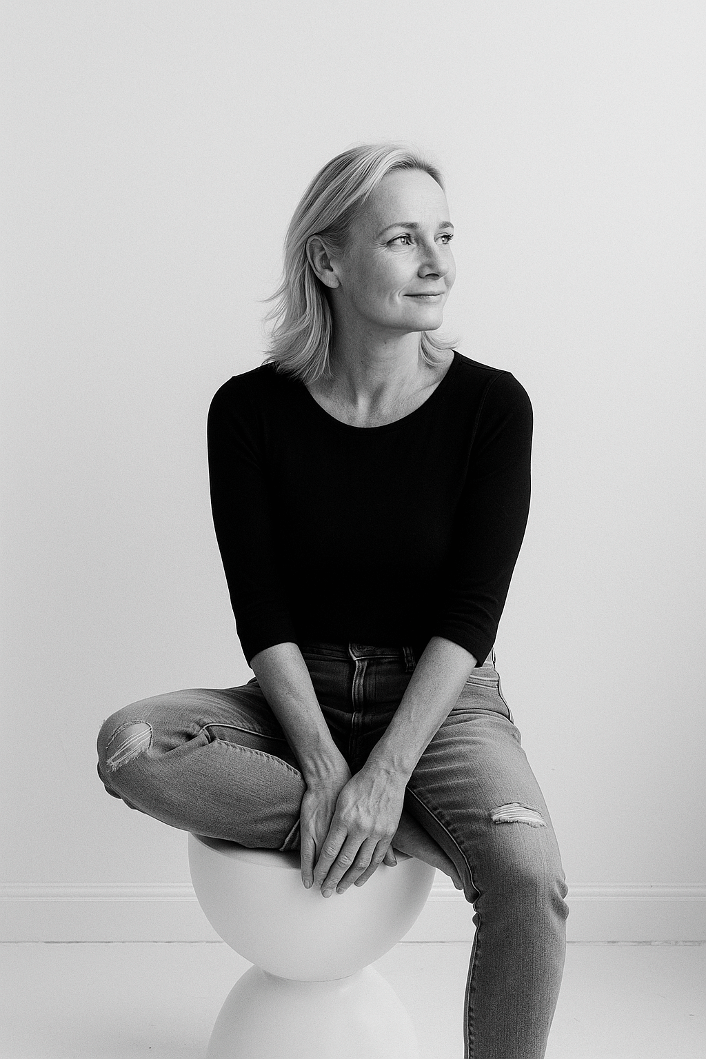 Portretfoto van Esther Bodley, oprichter van LumanLine, creatieve businessstrateeg, zittend in zwart-wit.