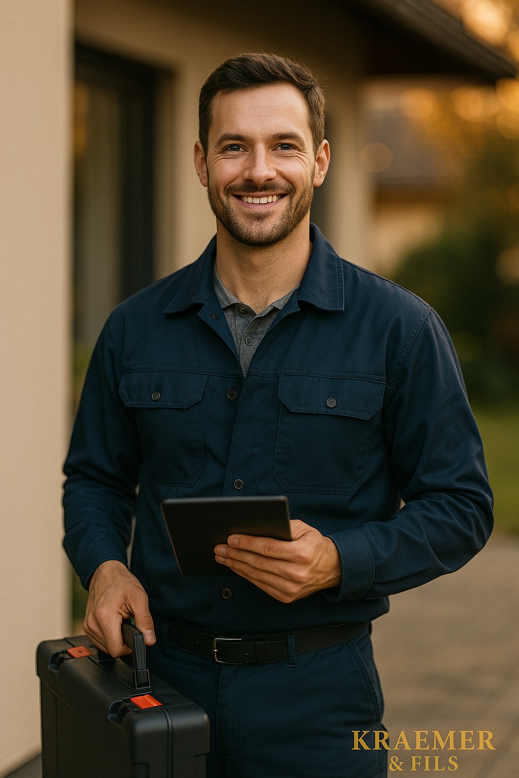 a man in a blue shirt and a suitcase