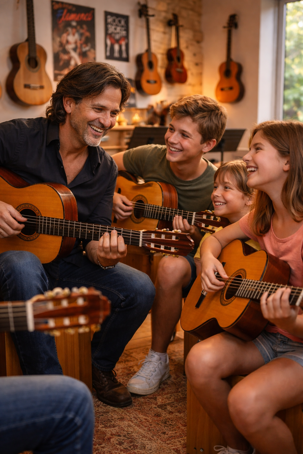 gitaarles in Rotterdam: gitaardocent Vicente geeft les aan een leerling in zijn studio