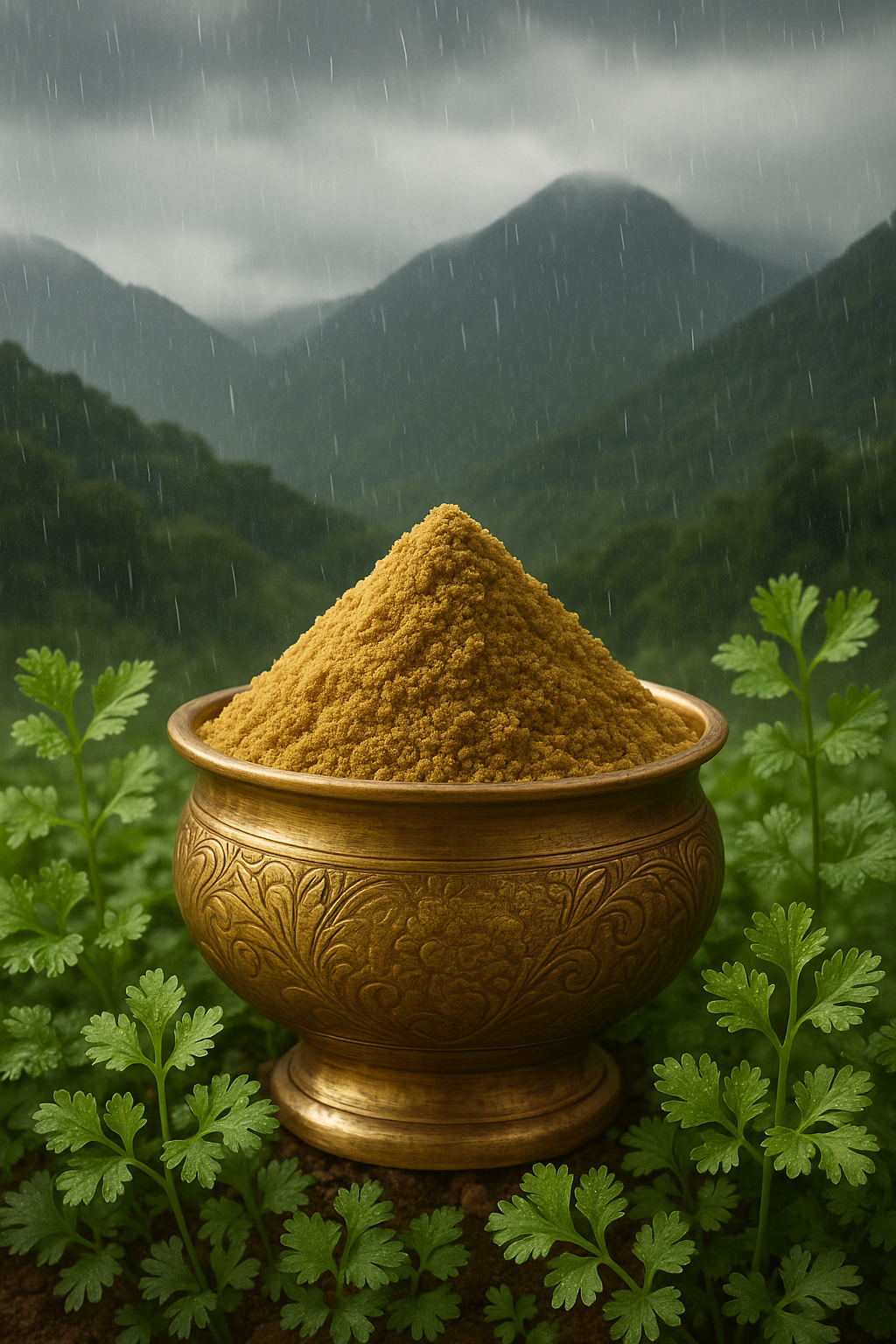 Golden Navann Coriander Powder in bowl - Vakkratunda Exotic Blends
