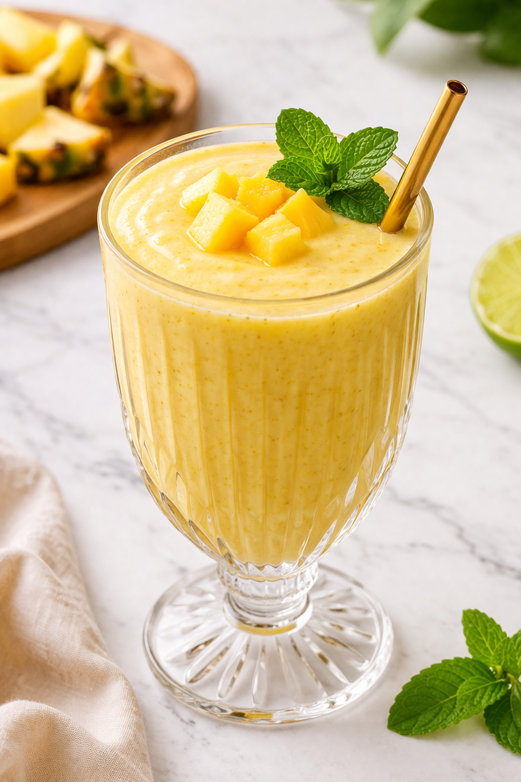Creamy pineapple mango smoothie in a textured glass with mint garnish and fresh fruit cubes on top, 