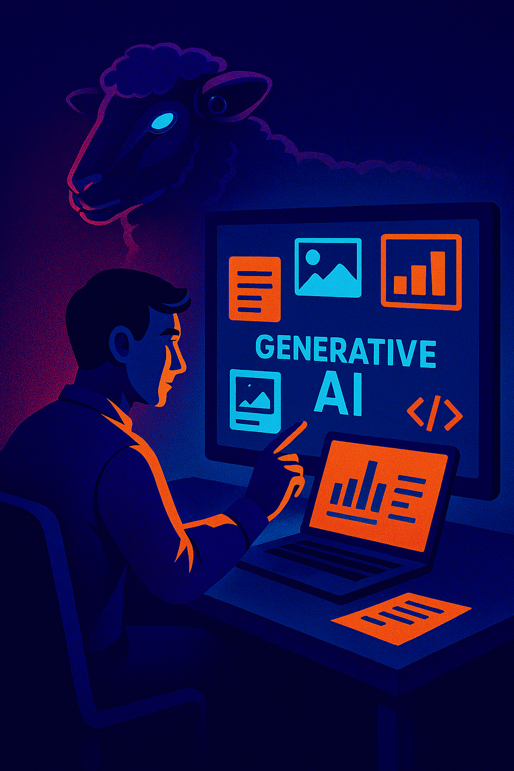 Persona trabajando con herramientas de IA generativa mientras produce resultados prácticos.