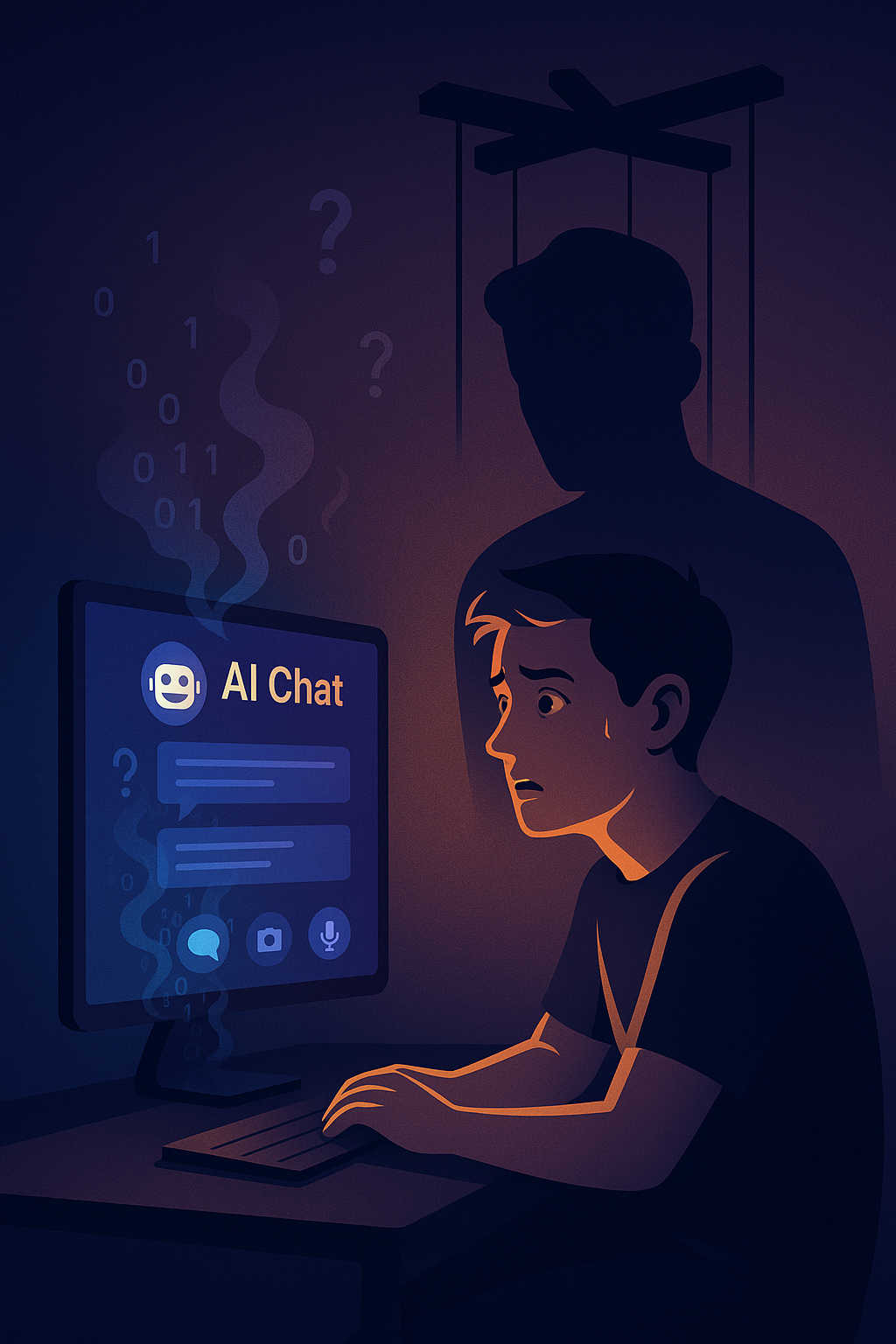 Persona frente a pantalla de IA con sombra en forma de cadenas, simbolizando costos ocultos de la tecnología.