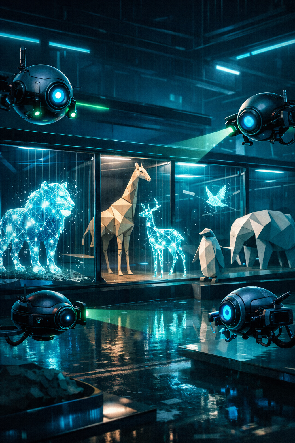 Robots y drones escaneando animales de luz digital en un zoológico futurista vacío de humanos.