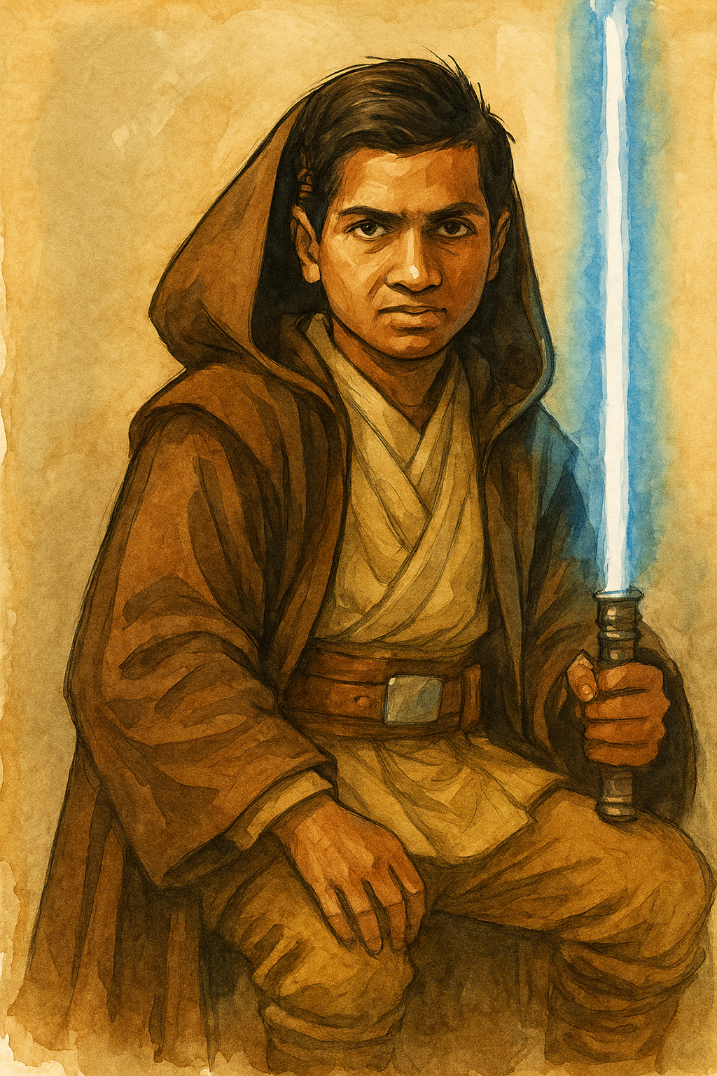 Imagen del matemático indio Srinivasa Ramanujan convertido en padawan con una espada láser y una túnica.