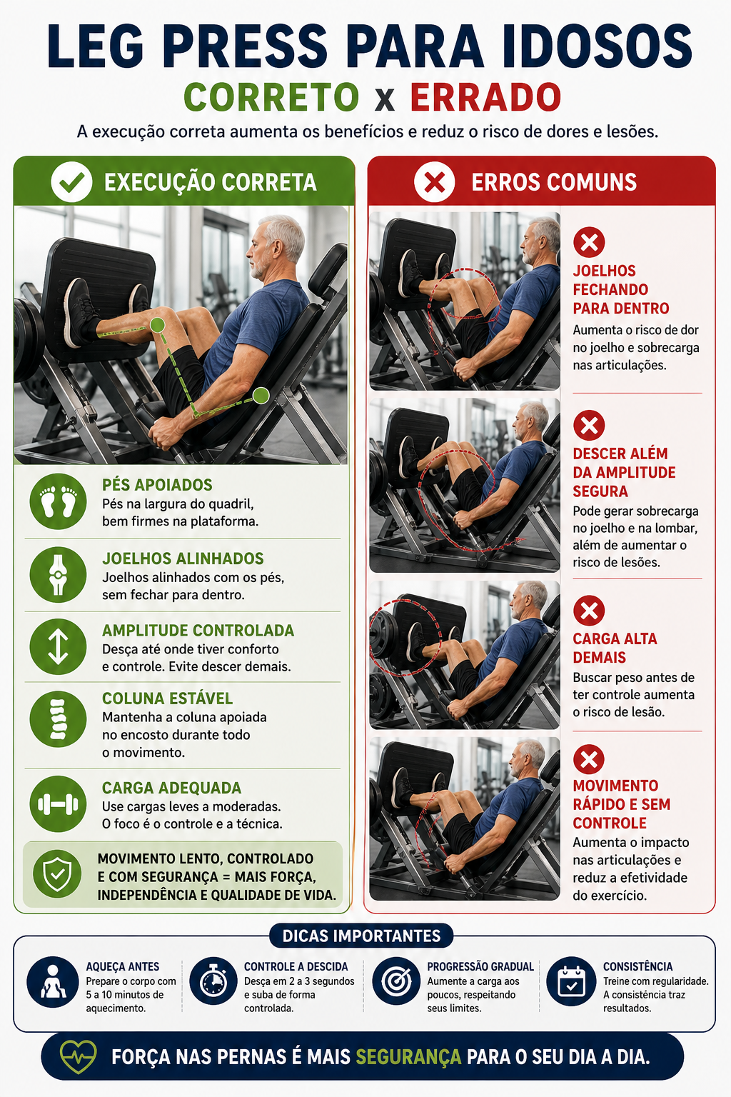 idoso fazendo leg press com execução correta e joelhos alinhados