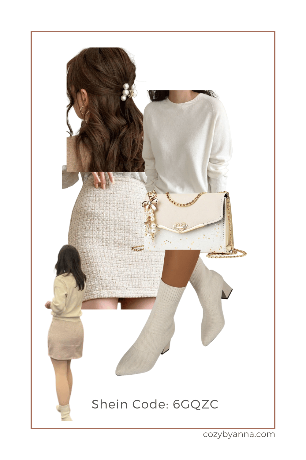 Full outfit collage featuring sweater, tweed skirt, boots, tights, pearl clip, and retro bag.