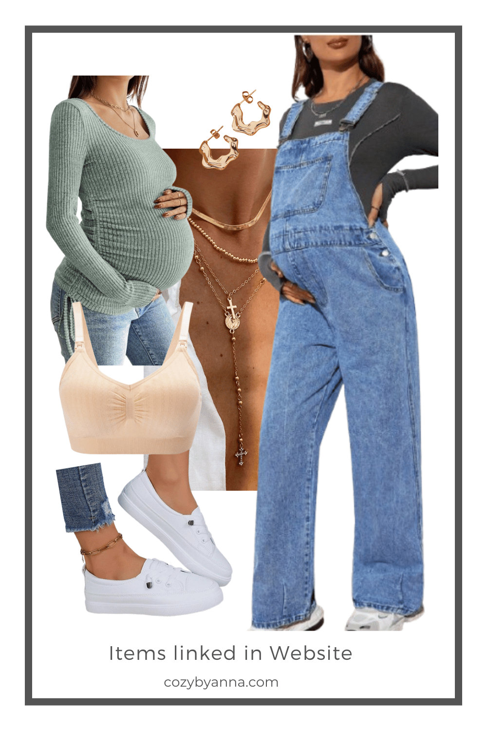 Collage of cozy maternity denim overalls styled with sneakers, top, nursing bra, necklace, earrings