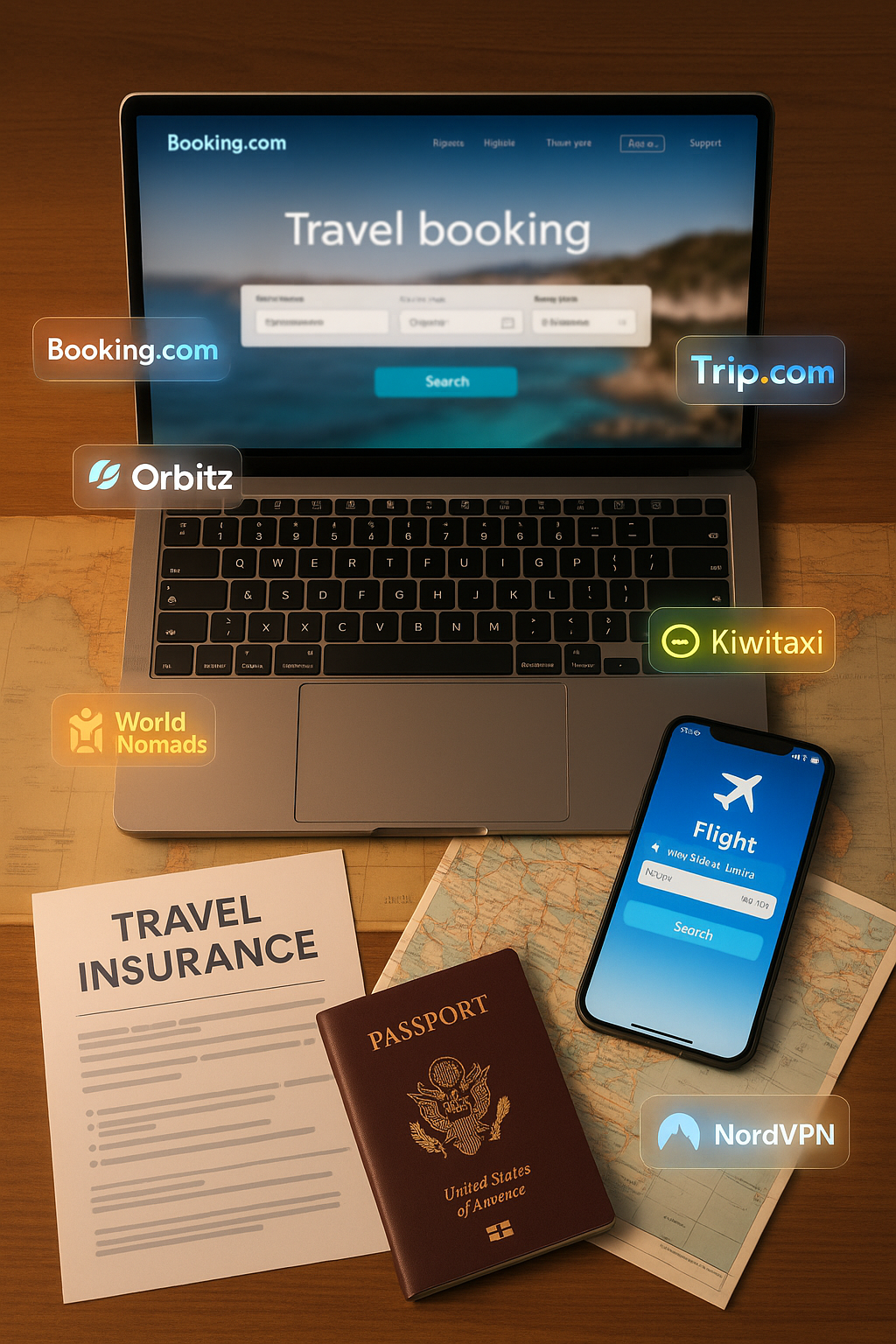 Flat lay of trusted travel resources including a laptop, smartphone with flight apps, passport, world map, and icons of Booki