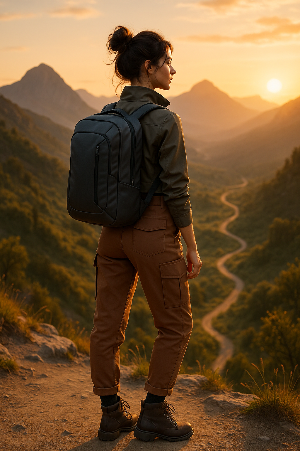 Stylish female backpacker at sunrise on a mountain overlook, wearing a modern travel backpack, trendy cargo pants, cropped ja