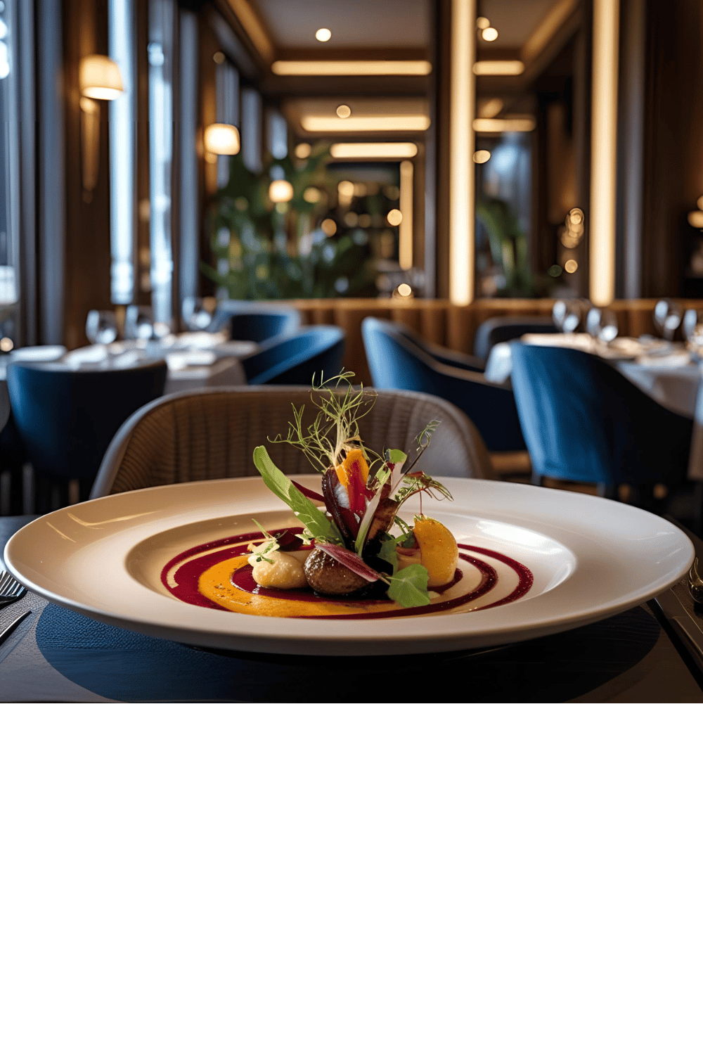 a plate of food and a glass of wine in a restaurant