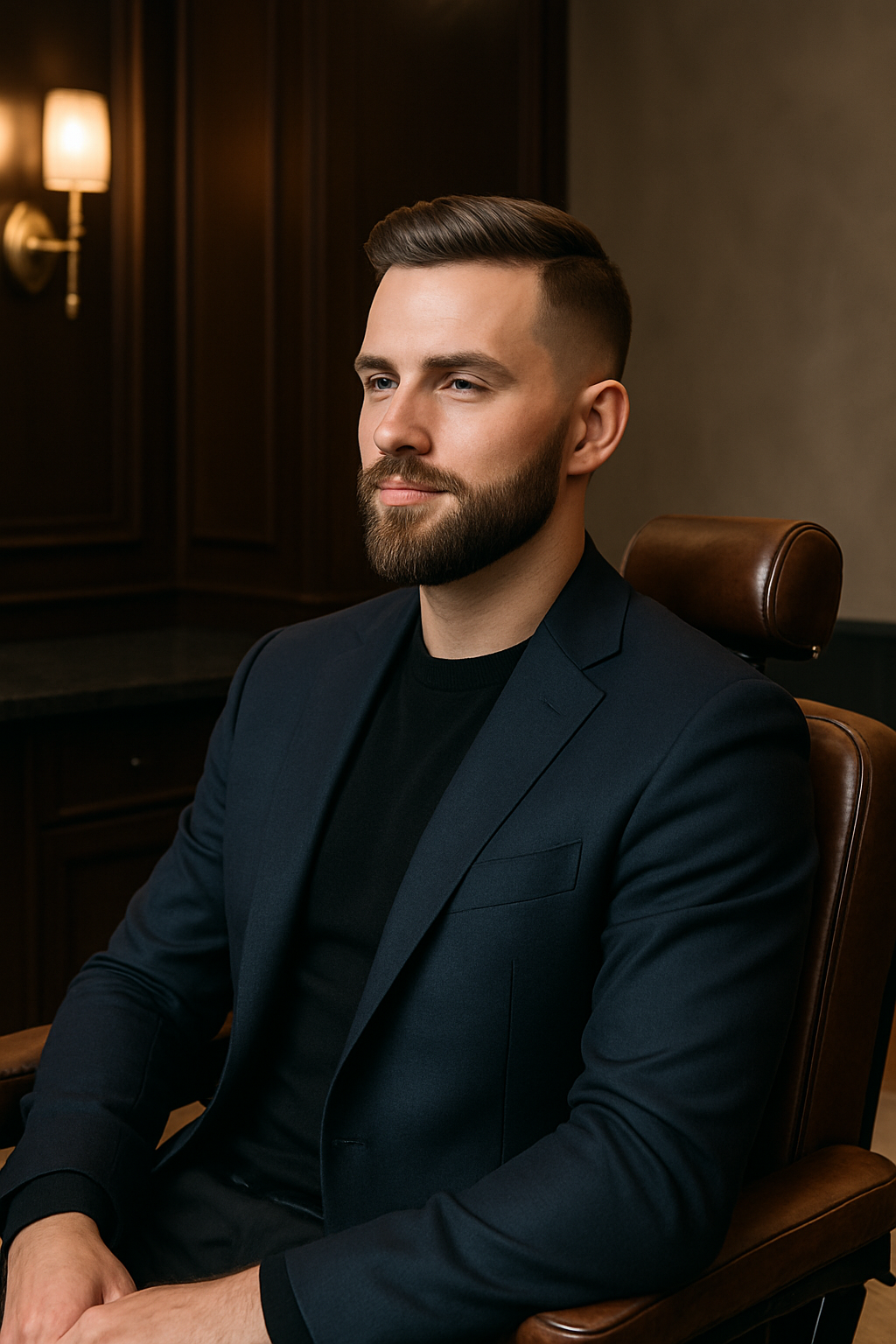 Homem elegante com cabelo degradê e barba perfeitamente aparada, sentado confortavelmente em uma cadeira de barbearia premium