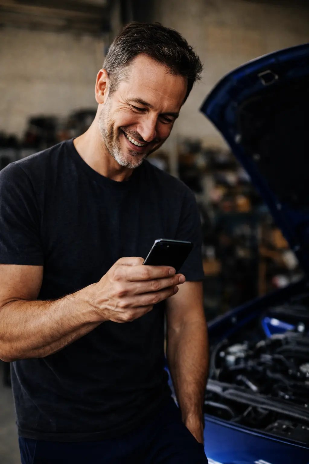 Meccanico sorride guardando lo smartphone, supporto Hulemex online che accompagna e spiega i prodott