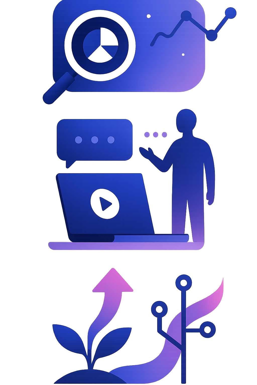 Symbolgrafik für KI-Workshops: Analyse, Praxis-Workshop, Live-Demos und Wissenstransfer