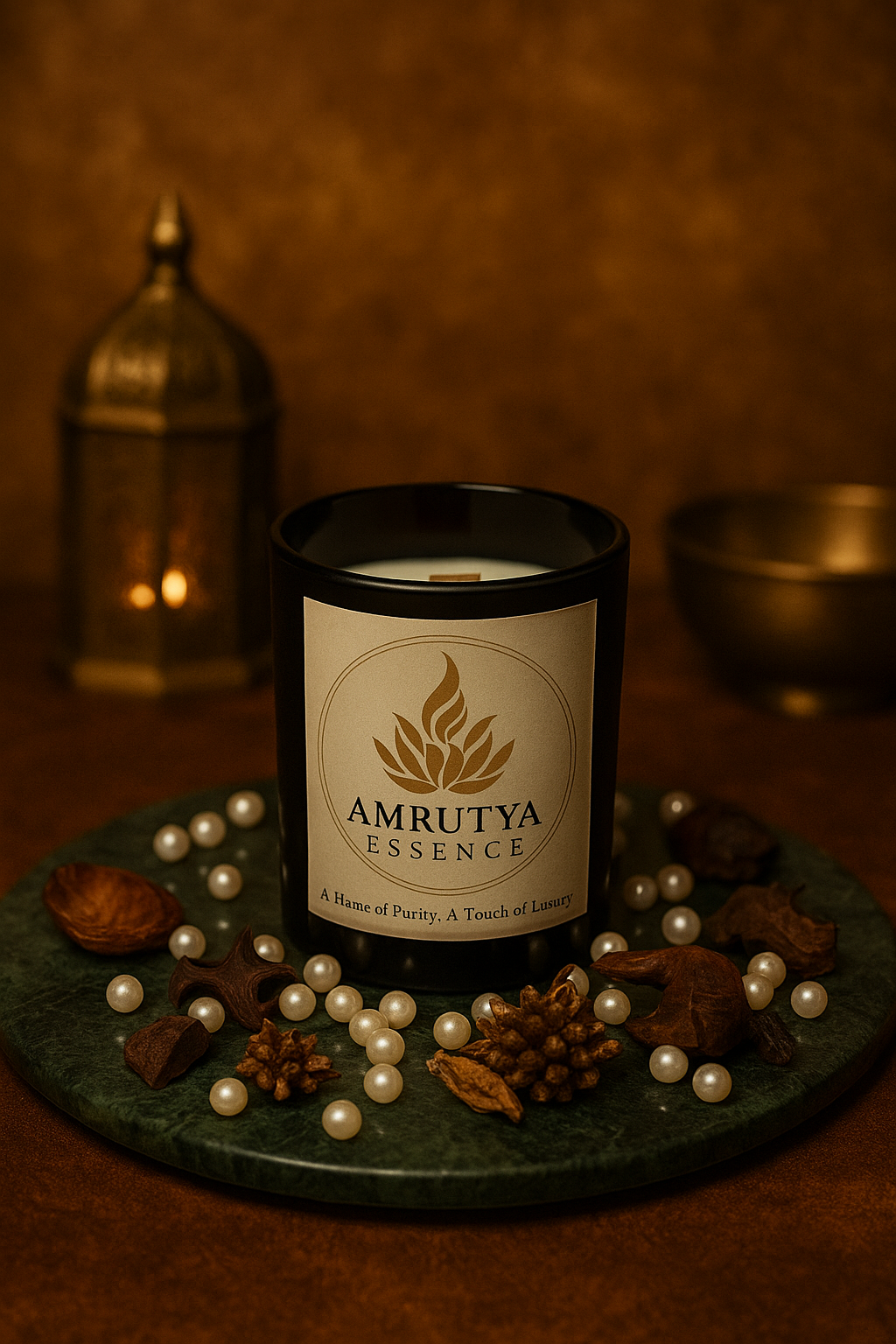 a candle with arabian oudh fragrance on a table