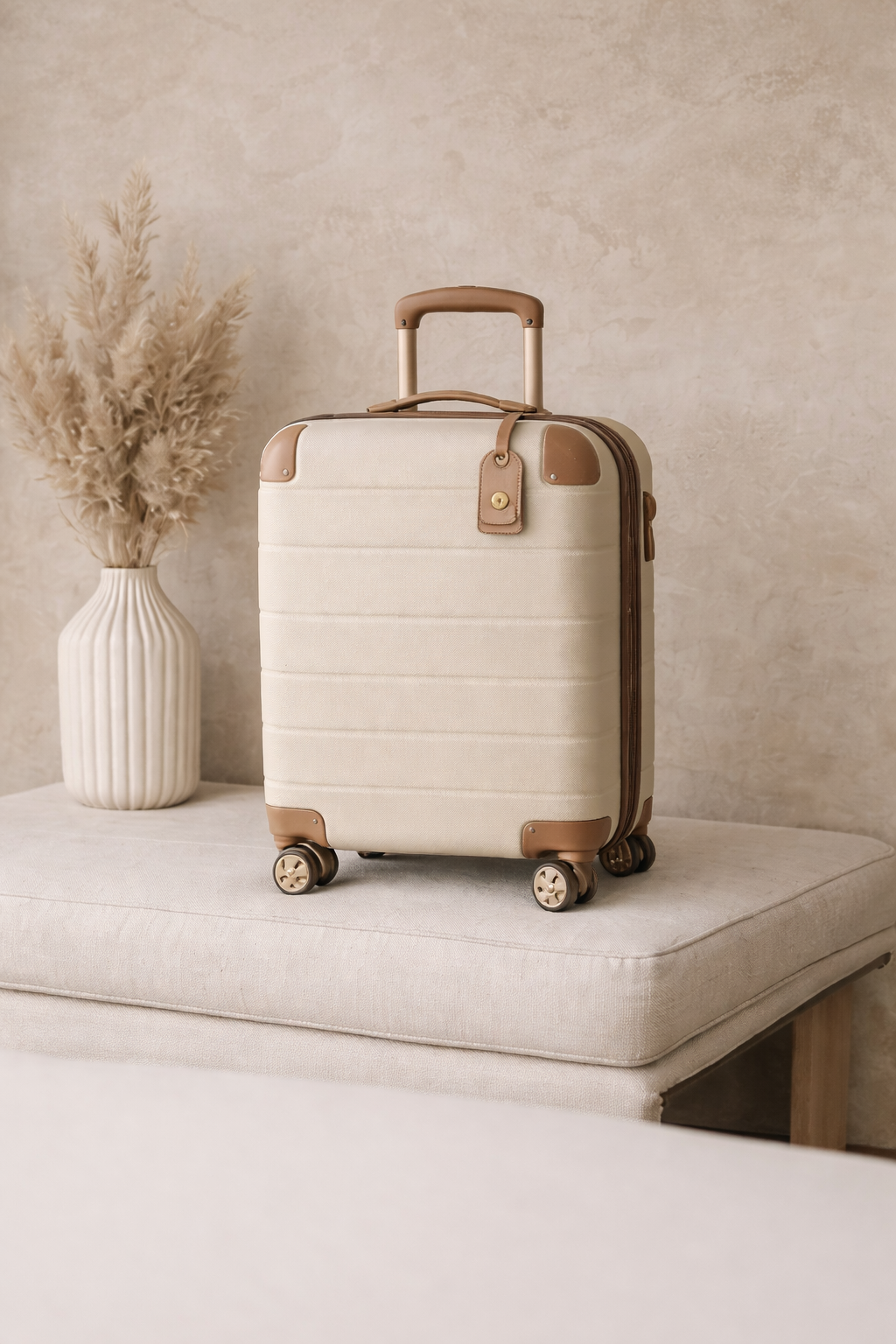 Beige hard-shell cabin suitcase for luxury travel