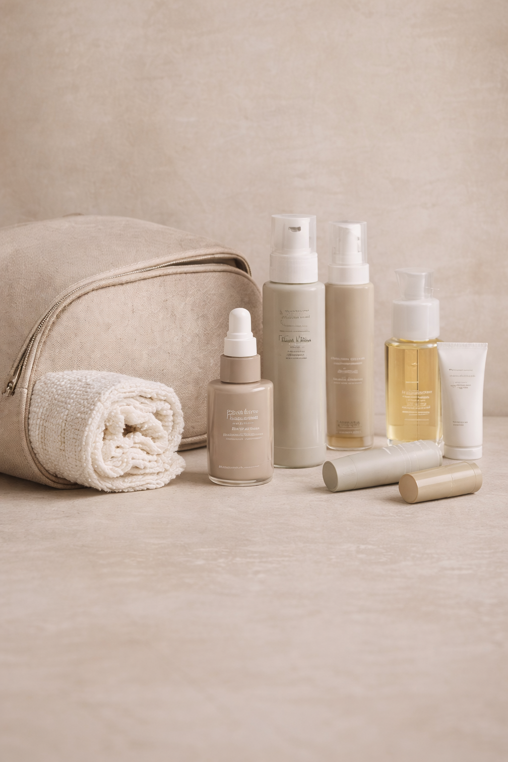 Luxury travel skincare essentials neutral flat lay