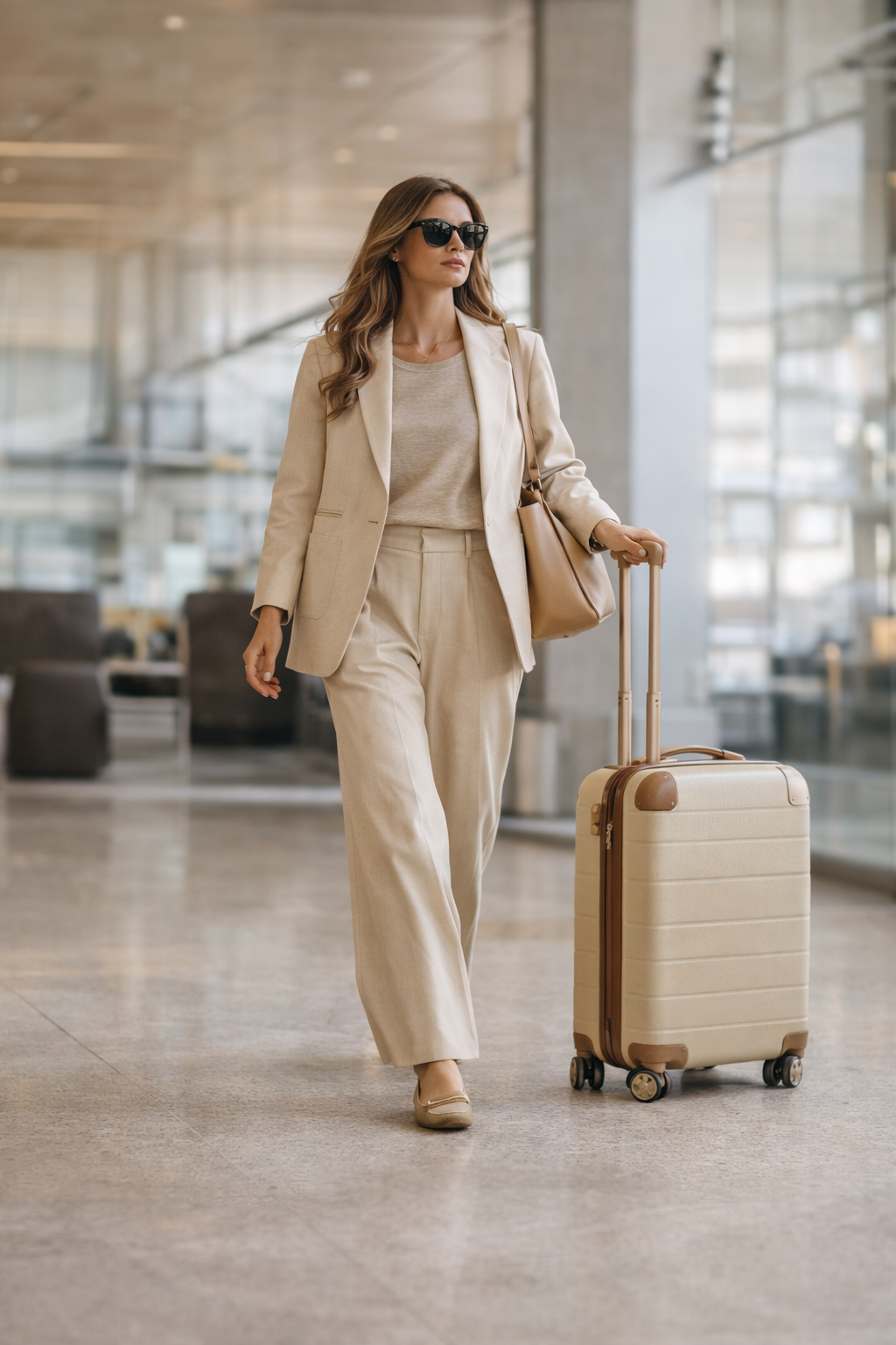 Elegant airport travel outfit neutral tones rolling suitcase