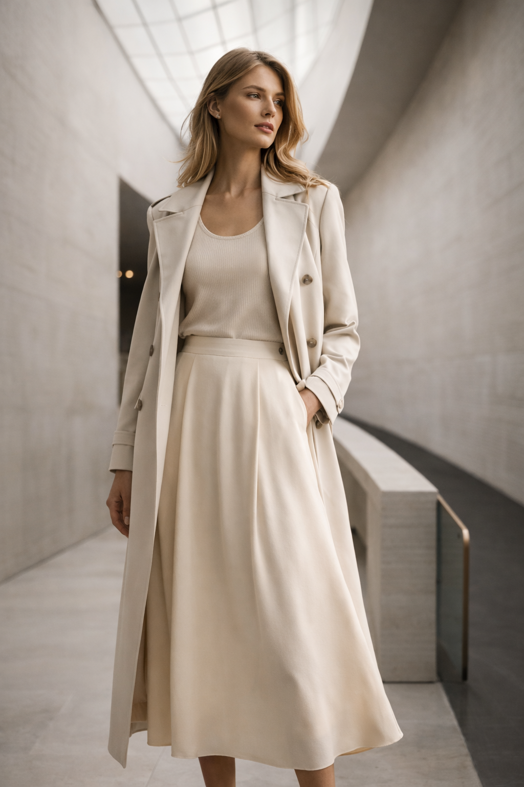 Woman in beige minimalist outfit modern luxury setting