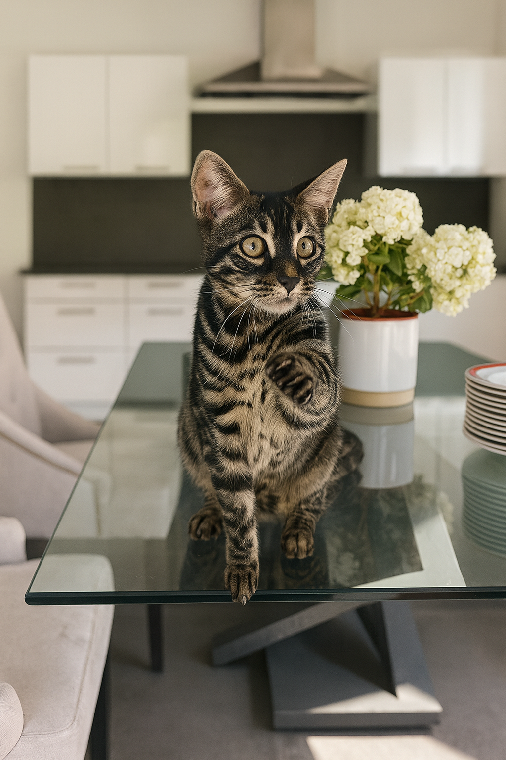 Chat Bengal silver charcoal tabby tendant la patte vers l’objectif – élevage Cocoro