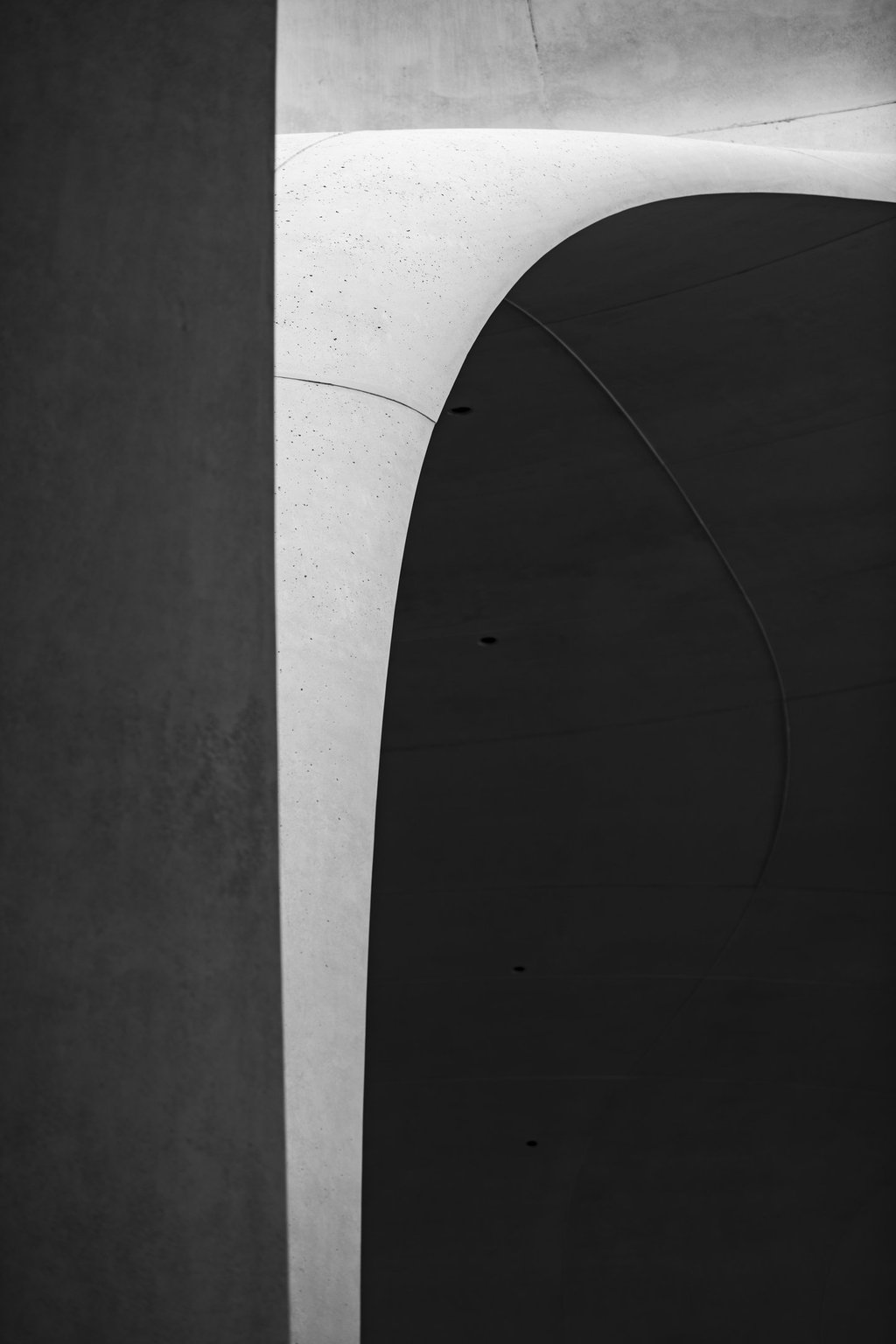 Curvilinear concrete architecture in grayscale.