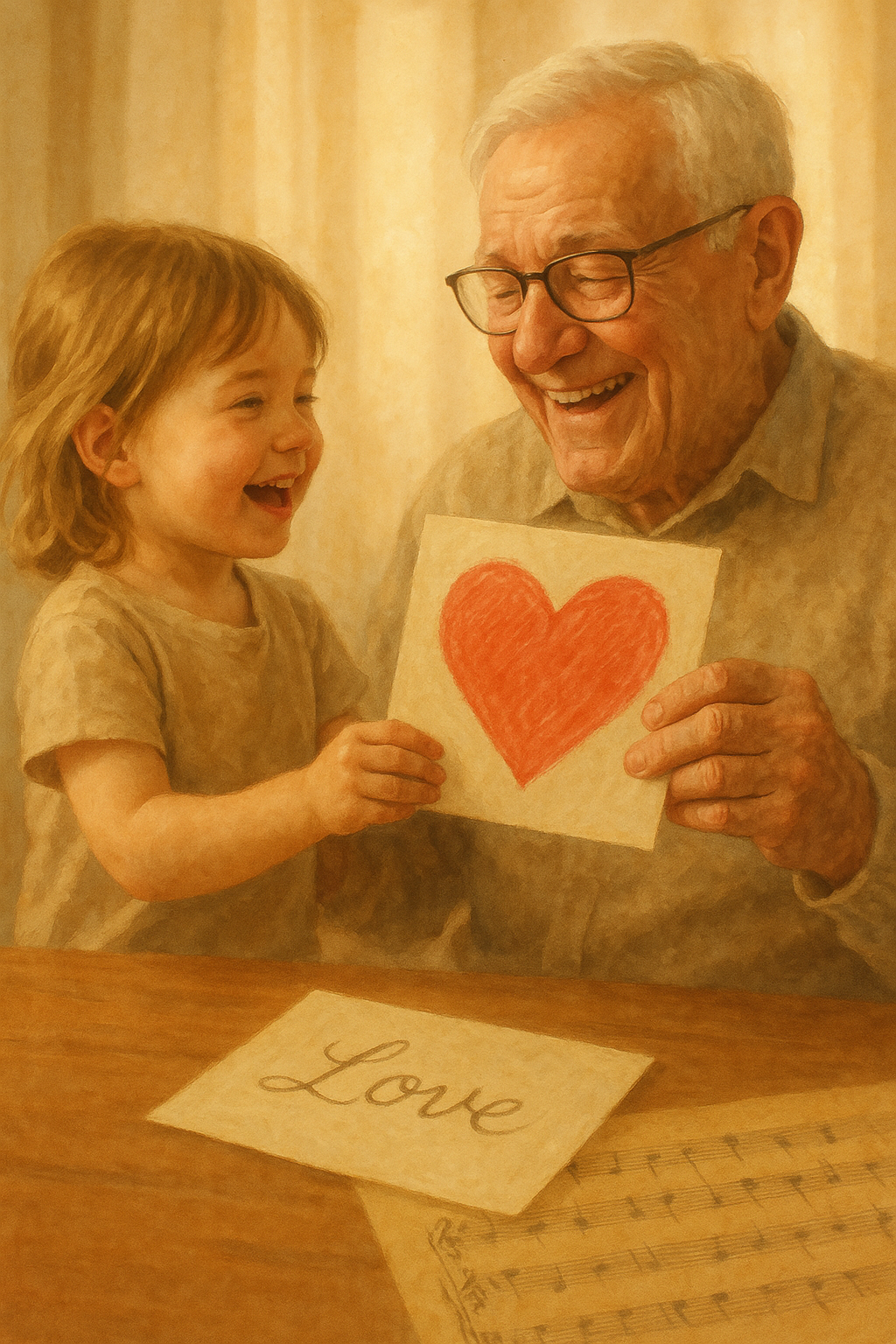 Emotionen verschenken, ein Bild indem ein kleines Kind dem Opa ein Bild mit einem gemalten Herz übergibt in sanften Farben