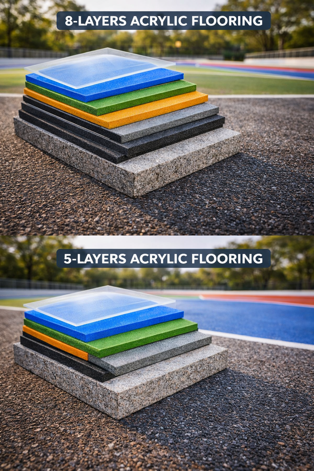 A cross-section diagram showing 8-layer and 5-layer acrylic flooring systems for outdoor sports courts.