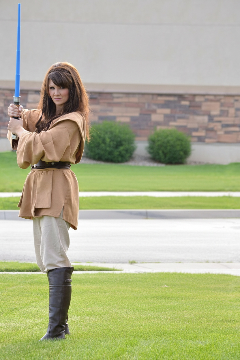 A woman in a brown Jedi cosplay costume holding a glowing blue lightsaber outdoors.
