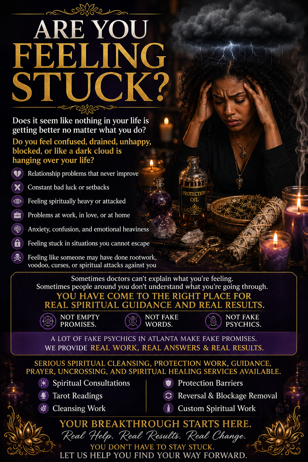 Distressed woman seeking spiritual cleansing and healing services for emotional blockage and bad luck.