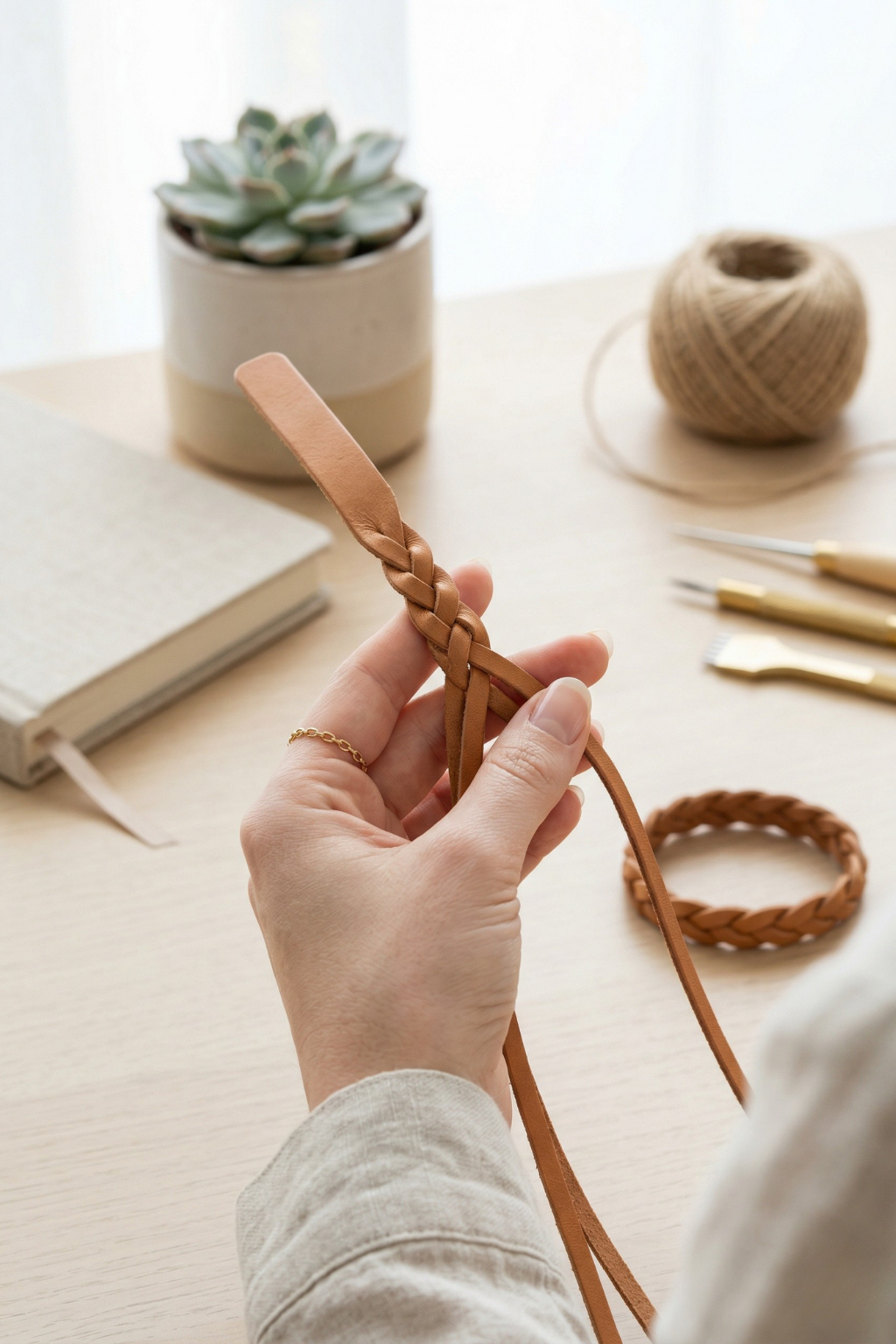 A person's hands meticulously braid a light brown leather strap, creating a handmade bracelet, with craft tools nearby.
