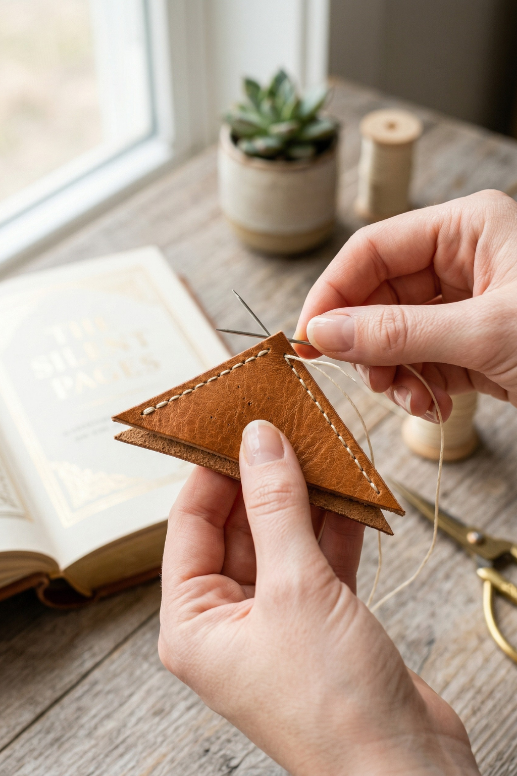 Person hand stitching a brown leather corner bookmark with needle and thread.