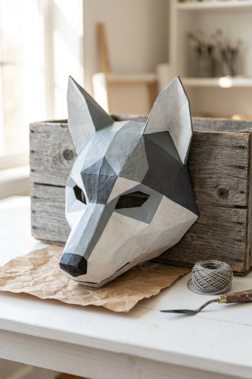 Handcrafted low poly paper wolf mask in grey and white resting on a rustic wooden crate.