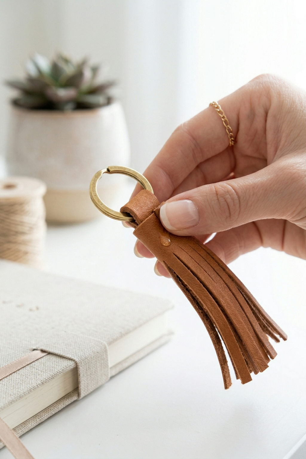 Hand holding a brown leather tassel keychain with a gold ring next to a linen journal and succulent.