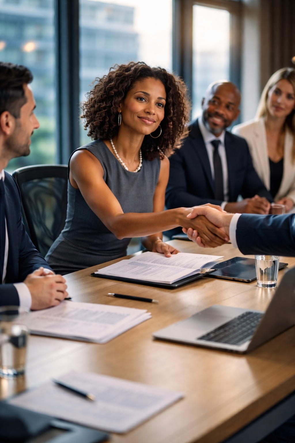 Professional business woman shaking hands at a corporate meeting table to finalize an interview
