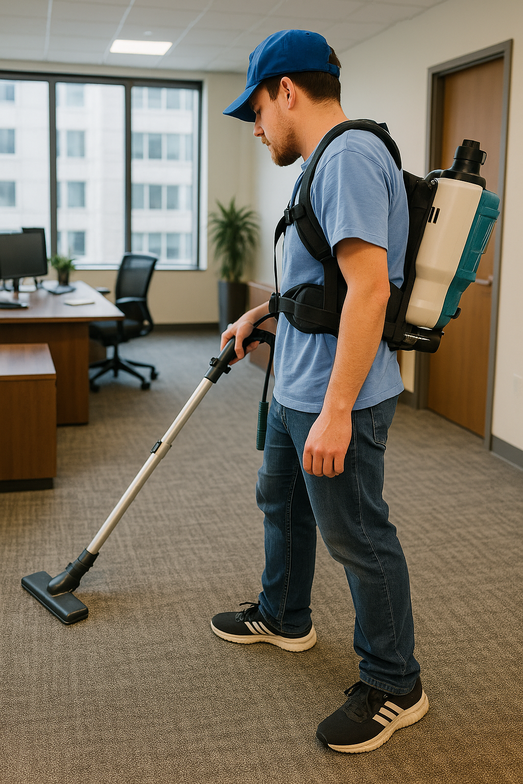 Janitor from Chez Cleaning Services vaccuuming a carpet in an office